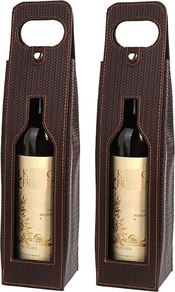 2er Set Geschenktasche aus Kunstleder mit r Optik in Braun | Weintasche mit Ausschnitt für Einzelflasche | wiederverwendbare Geschenktüte | Weinb...