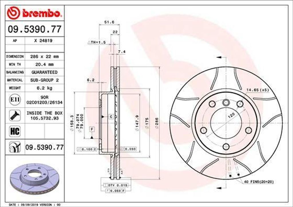 BREMBO 09.5390.77 Bremsscheibe OE 34111160674 kompatibel mit Z4er E85, Z3er E36, 3er E46, 3er E36