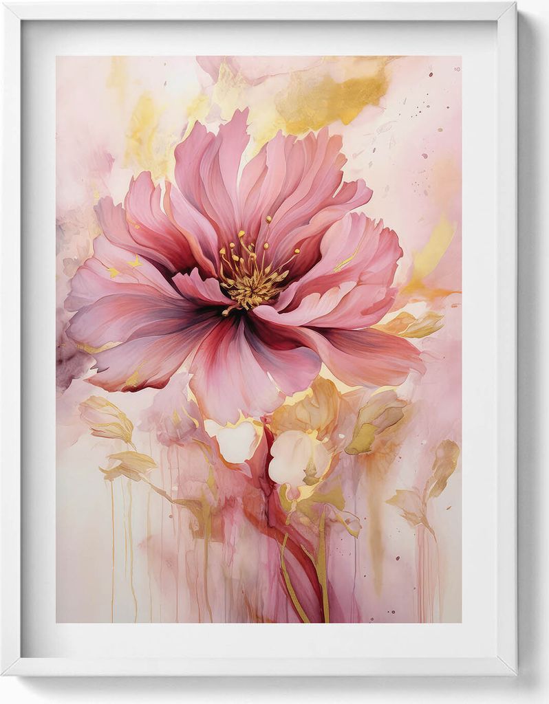 Romantische gemalte Blume in Gold– Wandbild mit Rahmen – Gerahmtes Bild – Wanddekoration – 60x80 cm – Weiß Rahmen