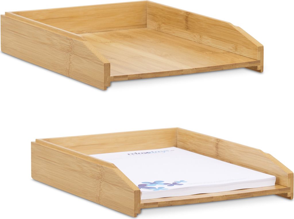 Relaxdays Briefablage 2er Set, aus Bambus, DIN A4 Größe, stapelbare Dokumentenablage, für Schreibtisch und Büro, natur