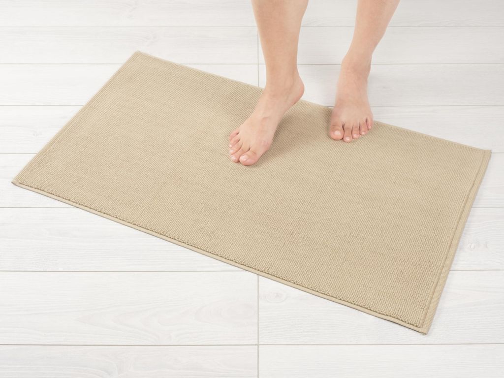Rutschfeste Badematte aus 100 % Baumwolle, 51 x 86 cm, große Badematte fürs Badezimmer, saugfähig, schnelltrocknend, waschbar, beige