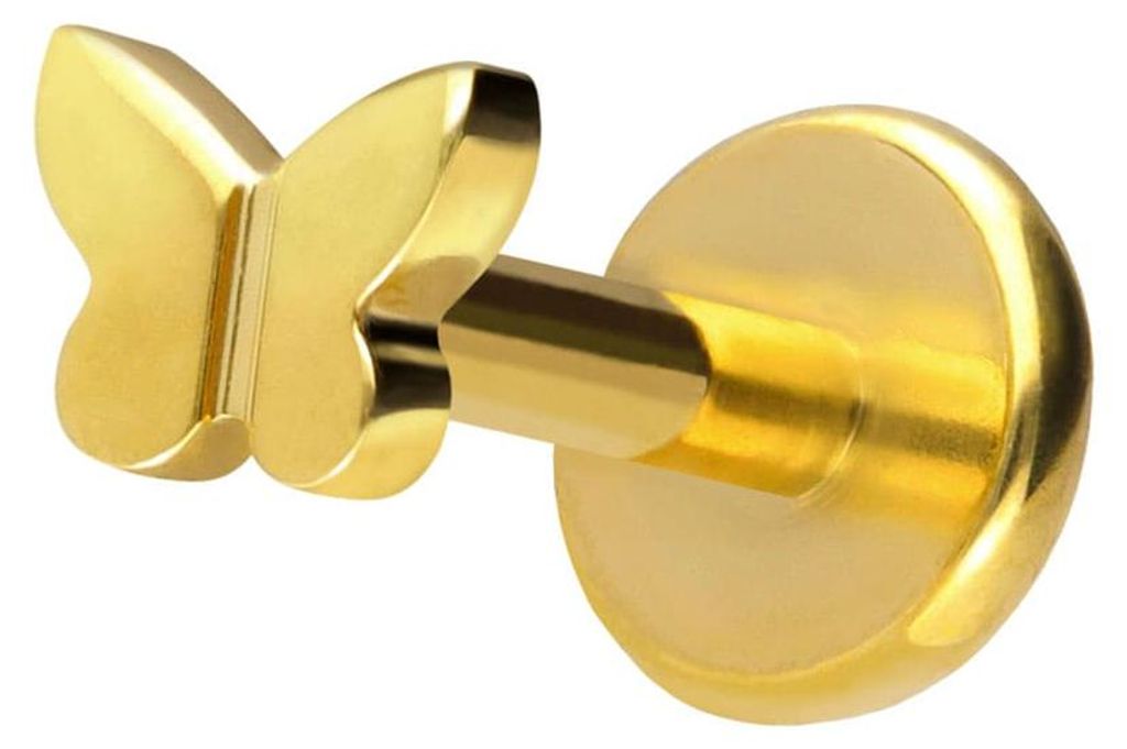 Ohrpiercing, Nasenpiercing Titan Labret mit Push Fit SCHMETTERLING Gold Stablänge: 5mm | Stabstärke: 1mm | Discgröße: 3,5mm