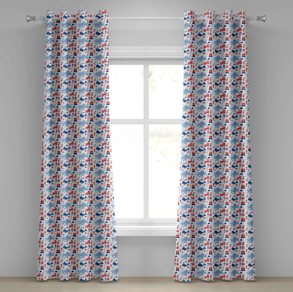 Rideau à œillets ABAKUHAUS Phare et Baleine 280x245 cm Blanc Bleu Rouge