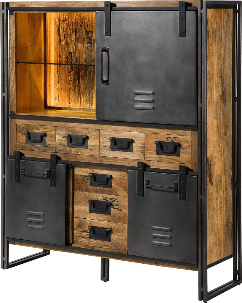 MASSIVMOEBEL24 Highboard Mango / Altholz 140x45x160 natur lackiert / Metall grau BLACKBURN LUX #558