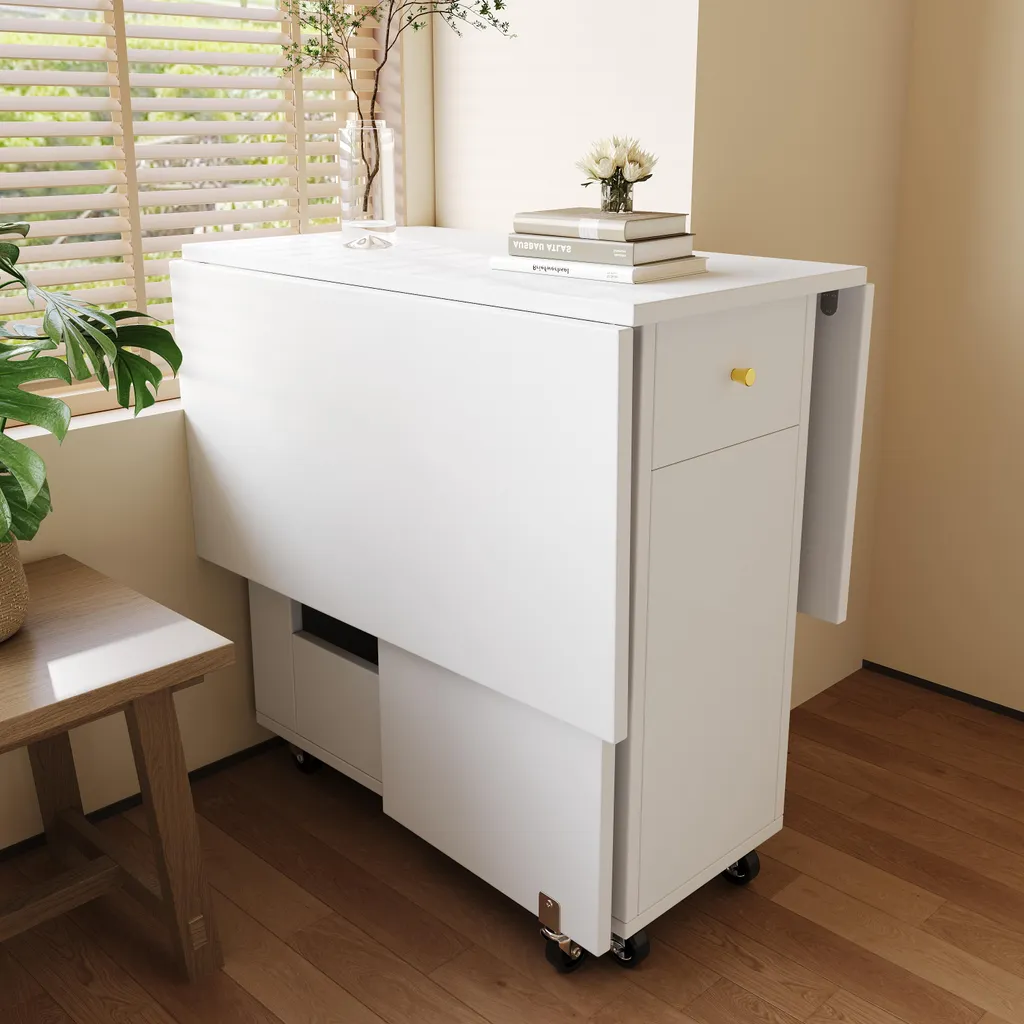 Table d'appoint mobile pliable pour cuisine avec rangement intégré blanc