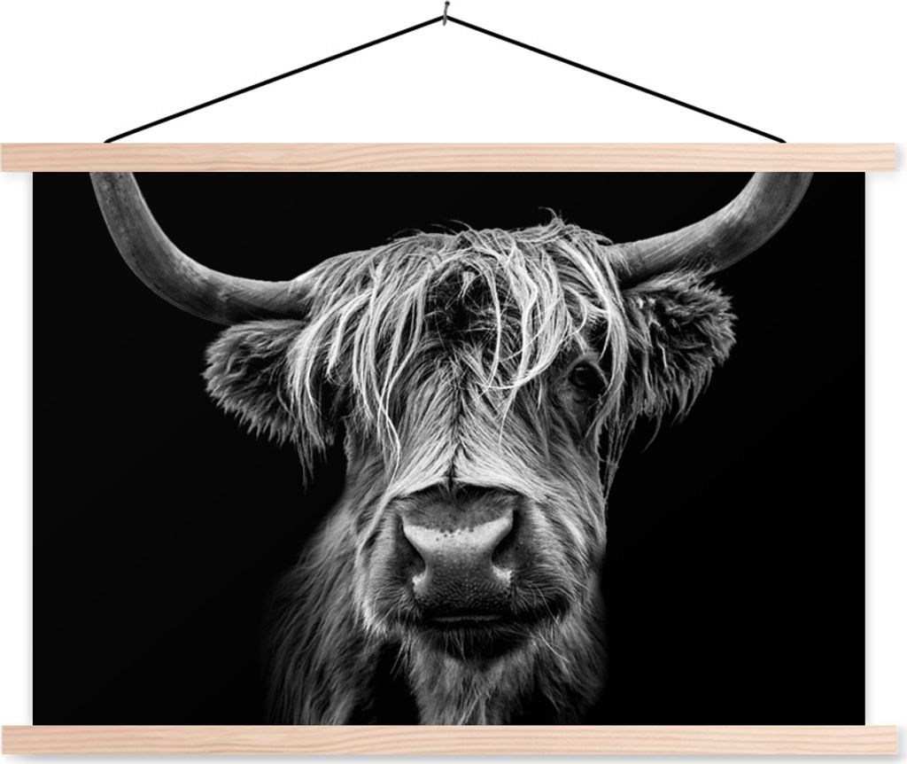 MuchoWow Textilposter Schottisches Hochlandrind - Hörner - Schwarz - Weiß - Kuh - Wild - Tiere 150x100 cm mit holzfarbenen Rahmen - Posters