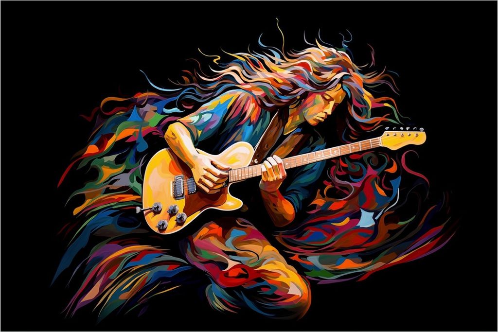 Wallario Wandbild aus Acryl, 90 x 60 cm, freischwebende Optik - Farbiges Gitarrenspiel
