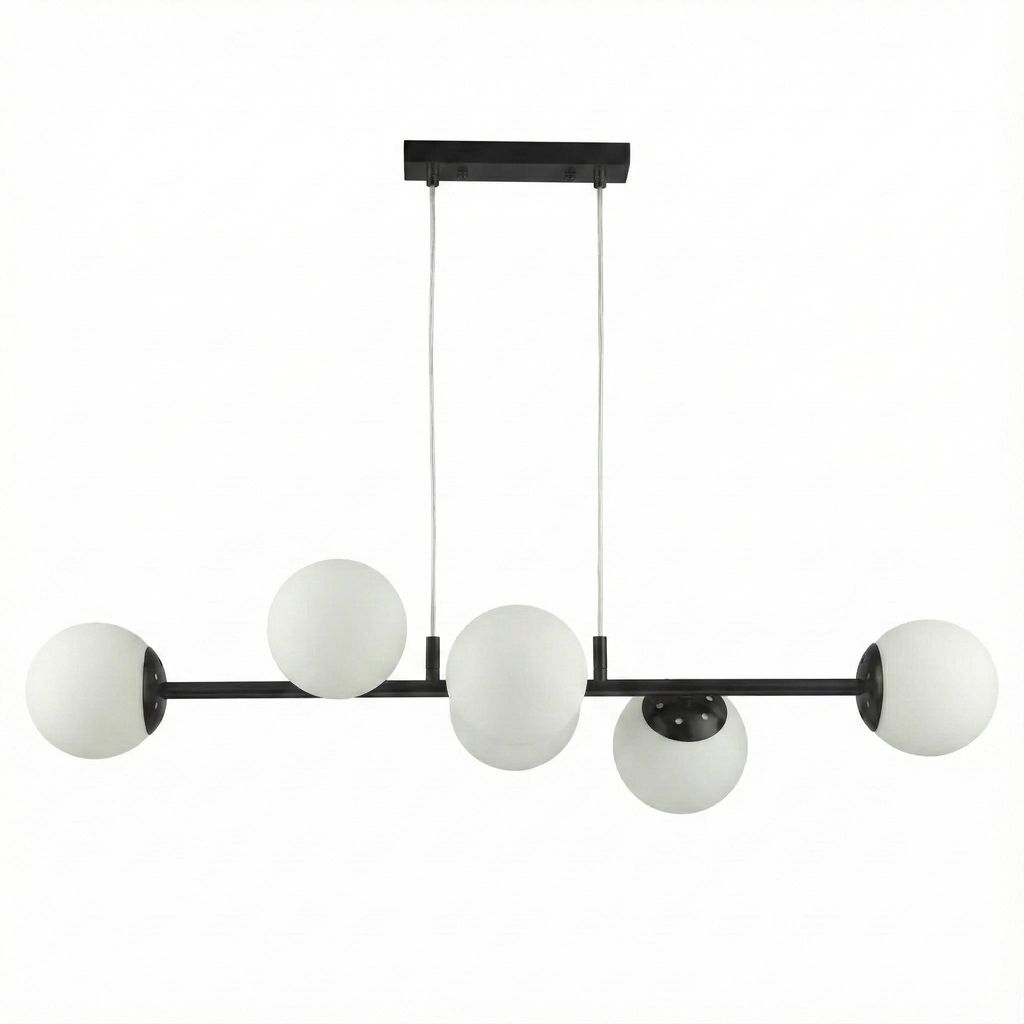 A modern black pendant light with five white glass globes, suspended from a black rectangular bar.