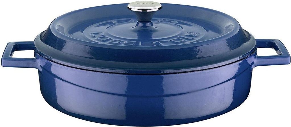 A blue enameled cast iron pot with a lid.