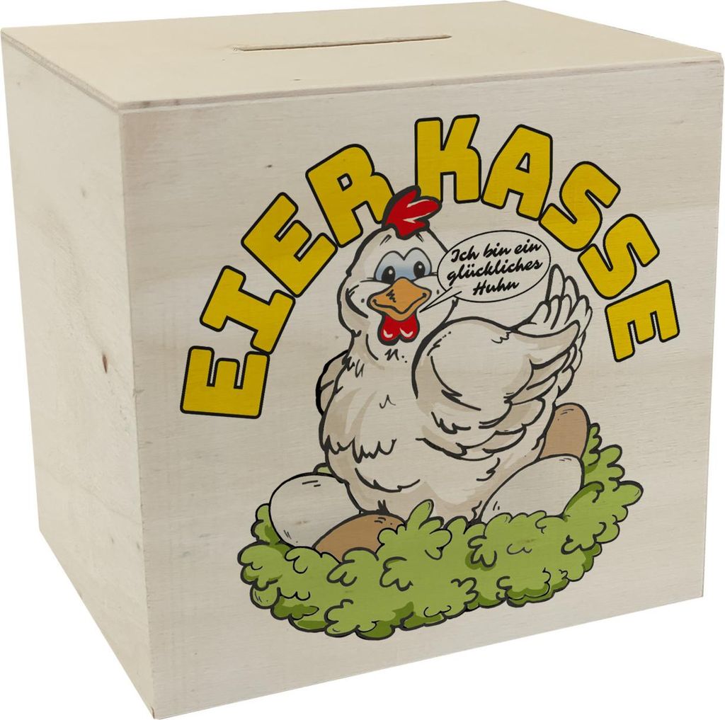 Eierkasse Spardose aus Holz - ich bin ein glückliches Huhn Produktbild 