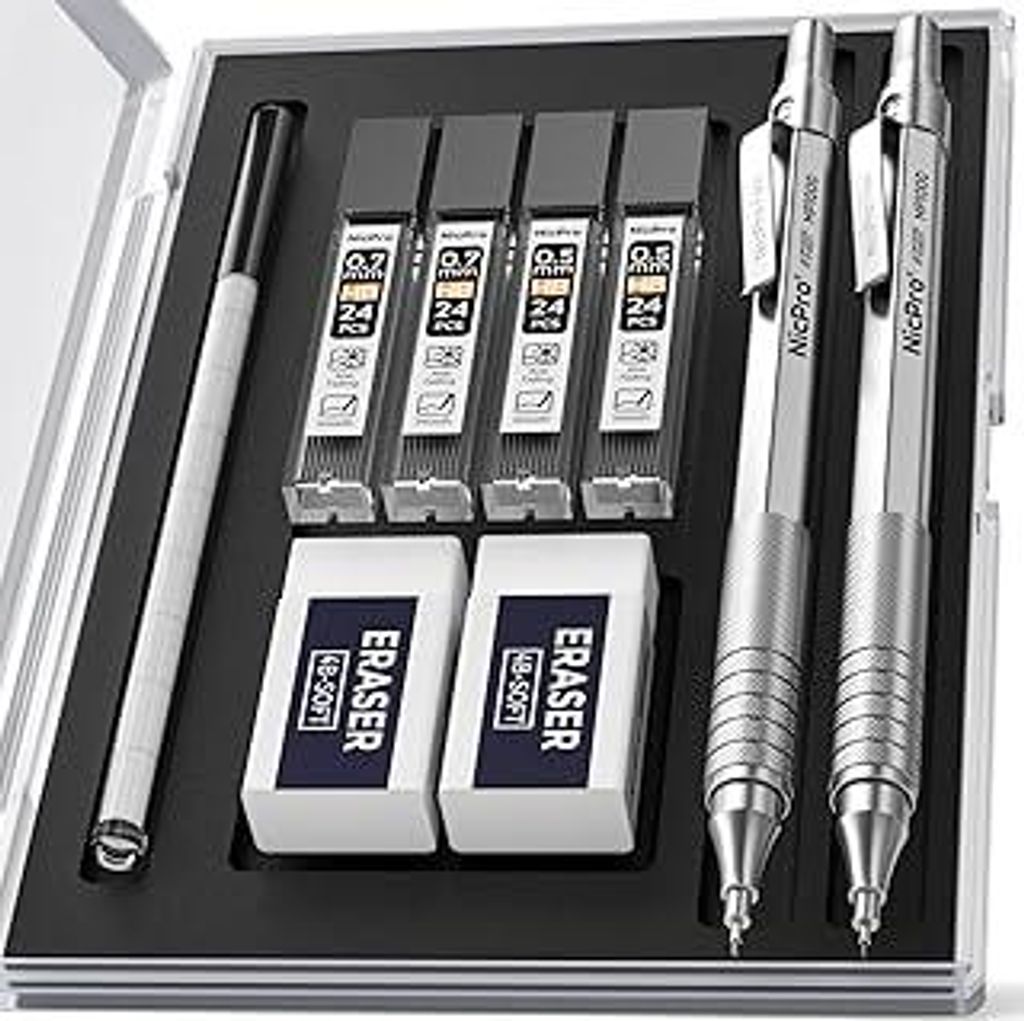 Nicpro 2 Stücke Druckbleistifte Set mit Etui, Automatische Metall Mechanische Bleistifte 0,5 mm und 0,7 mm, 4 Stücke HB Bleistiftminen, 2 Radierg...