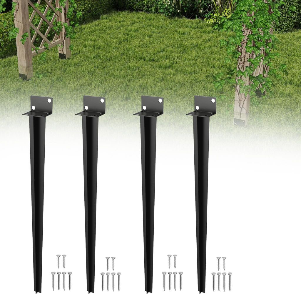 LZQ Bodenhülse für Holzpfosten 60 x 700 mm, L-Form Pfostenträger – Schwarz lackiert, Garten-Bodenhülse, 4 Stück