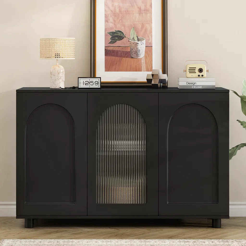 Commode Push-to-Open avec Portes Vitrées, Sideboard Design Noir - 2