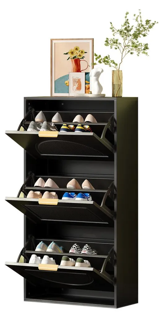 Commode à chaussures noire de 60 cm compacte avec 3 abattants - 8