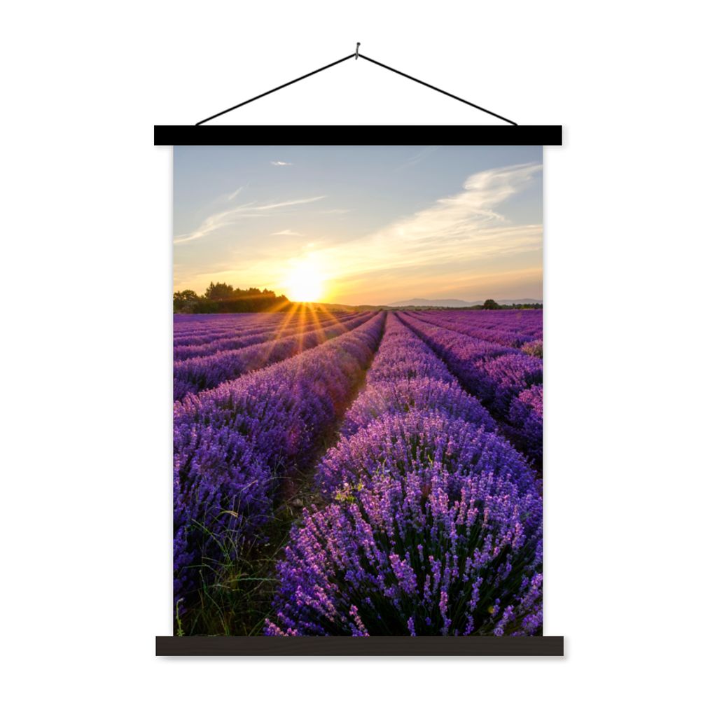 MuchoWow Textilposter Lavendel - Blumen - Sonnenuntergang - Lila 120x160 cm mit schwarzem Rahmen - Magnetischer