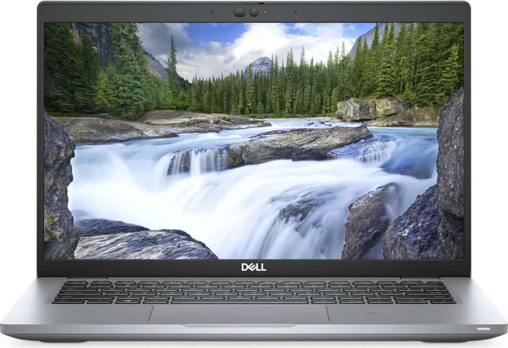 A Dell Latitude 5420 notebook is shown from the front, open with the screen displaying a landscape image.