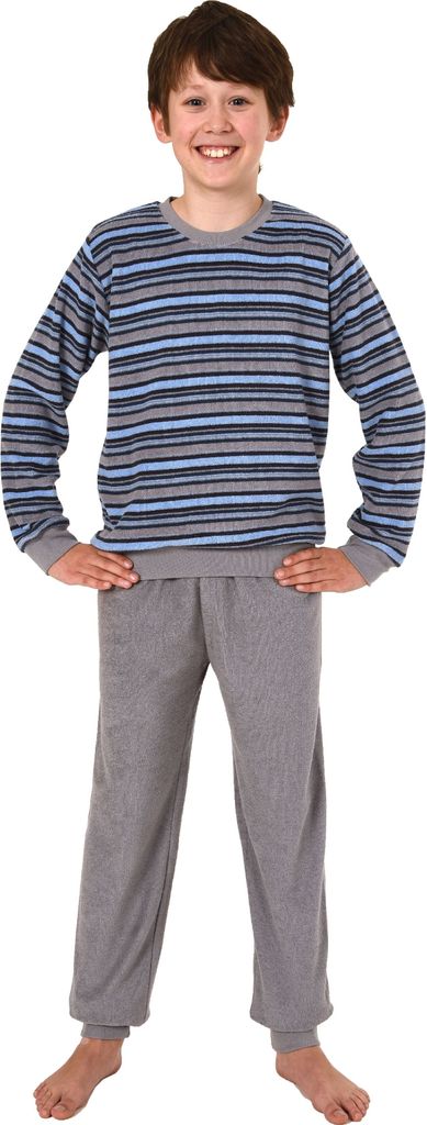 Jungen Frottee Pyjama Schlafanzug langarm mit Bündchen - Oberteil gestreift - 291 13 576 ; grau/blau , 170