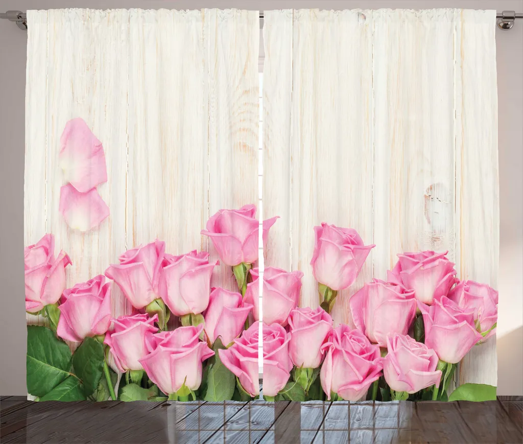 Rideau Imprimé Roses en Fleurs avec Boucles et Crochets 280x225 cm Rose