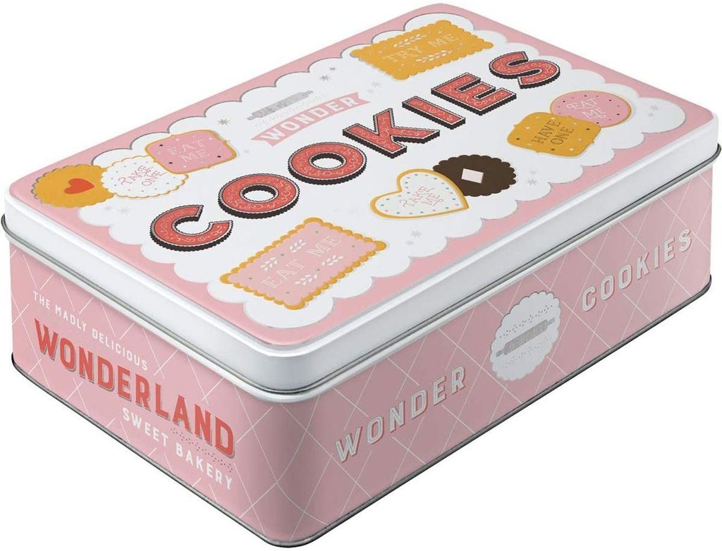 A rectangular tin box for cookies with a pink and white checkered pattern and illustrations of cookies and baking tools.