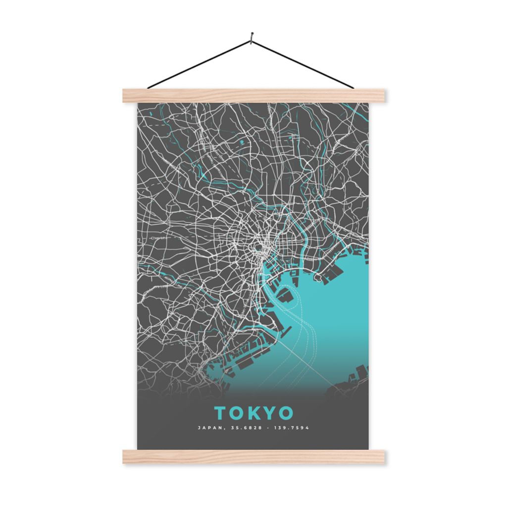 MuchoWow Textilposter Tokio - Stadtplan - Blau - Karte 60x90 cm mit holzfarbenen Rahmen - Textil