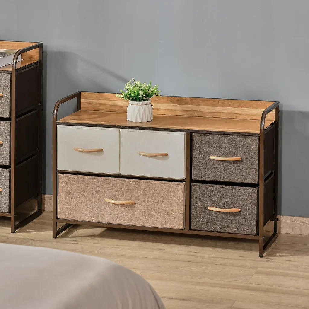 HOMCOM Commode de Rangement 5 Tiroirs en Tissu 88cm Marron et Beige
