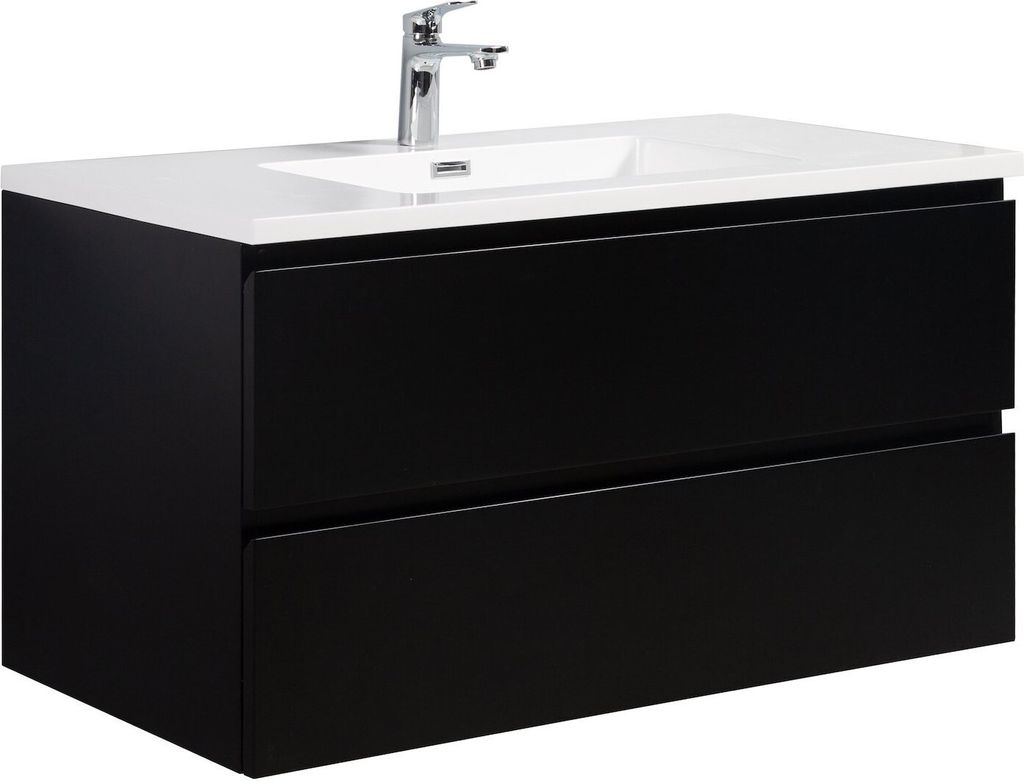 Badplaats Badmöbel Set mit Waschbecken und Unterschrank Angela 100 x 48 cm Schwarz Matt - Waschbeckenunterschrank mit Soft-Close und Waschbecken, ...