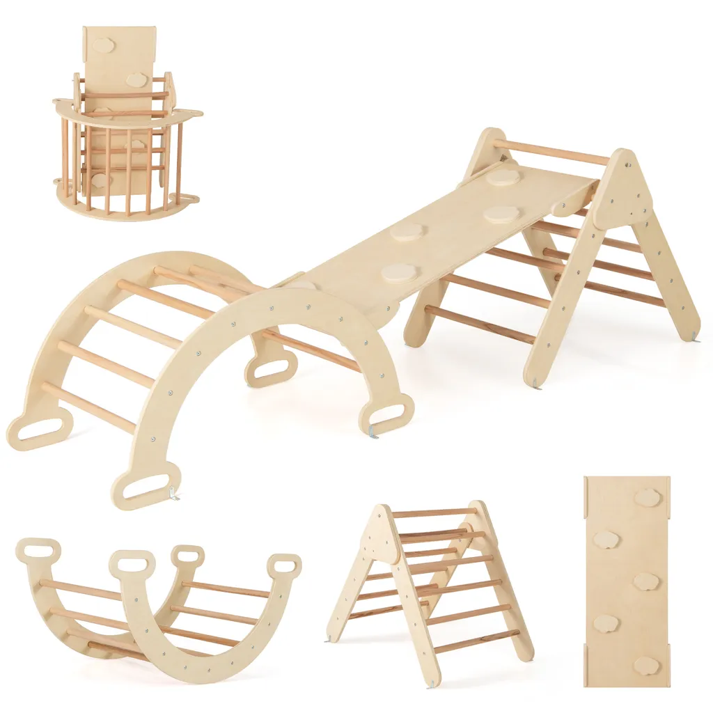 COSTWAY 4 in 1 triangolo d'arrampicata & arco d'arrampicata & scala & scivolo, struttura d'arrampicata con rampa bifacciale, triangolo a pioli per arrampicarsi, scivolare e oscillare, per bambini a partire da 1 anno di età