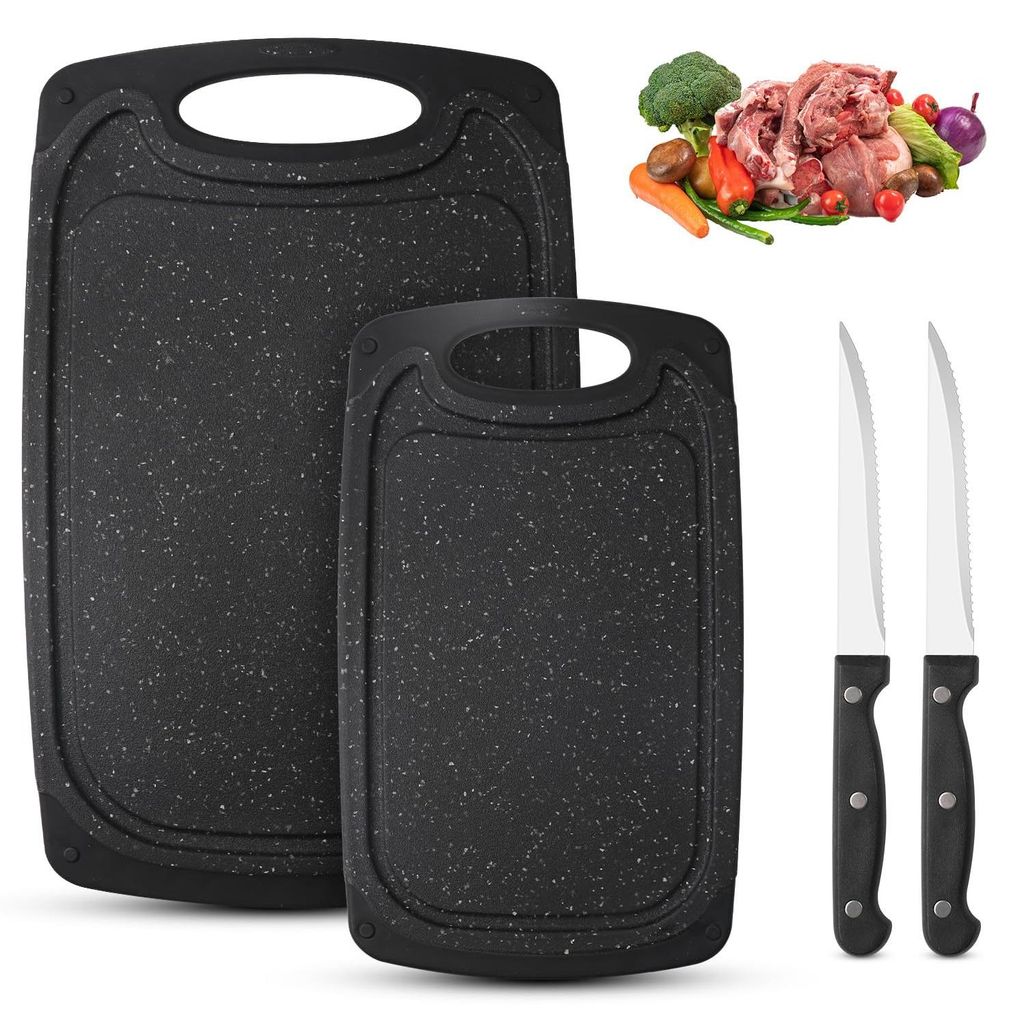 2-teiliges Schneidebrett-Set aus Kunststoff, inklusive 2 Steakmessern, spülmaschinenfest mit Saftrillen und rutschfesten Griffen, BPA-frei, geeign...