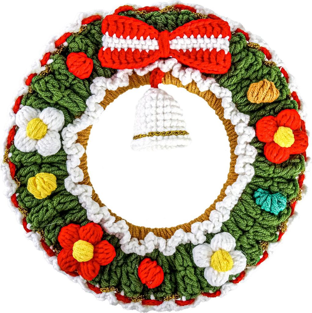 Gehäkelter Weihnachtskranz, handgefertigter Strickkranz mit Glöckchen, als Hängedekoration für den Weihnachtsbaum, zur Wanddekoration im Haus.