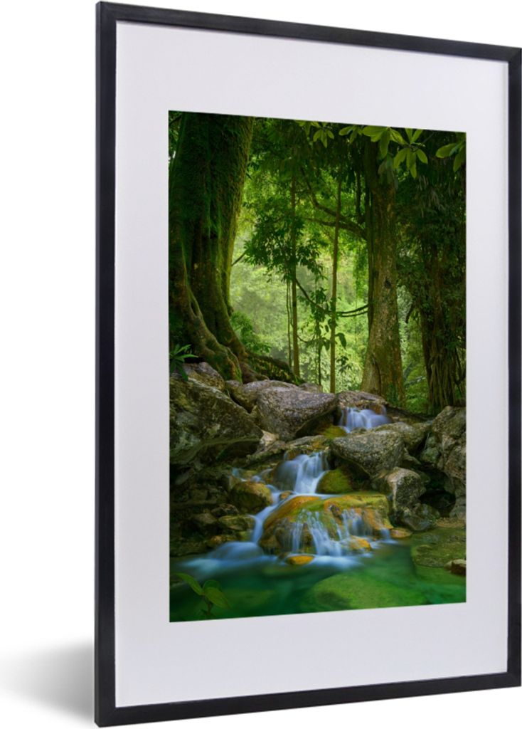 MuchoWow Gerahmtes Poster Dschungel - Steine - Wasser - Natur - Pflanzen 40x60 cm - Poster mit Schwarzem Bilderrahmen Wandposter Rahmen Foto Bild...