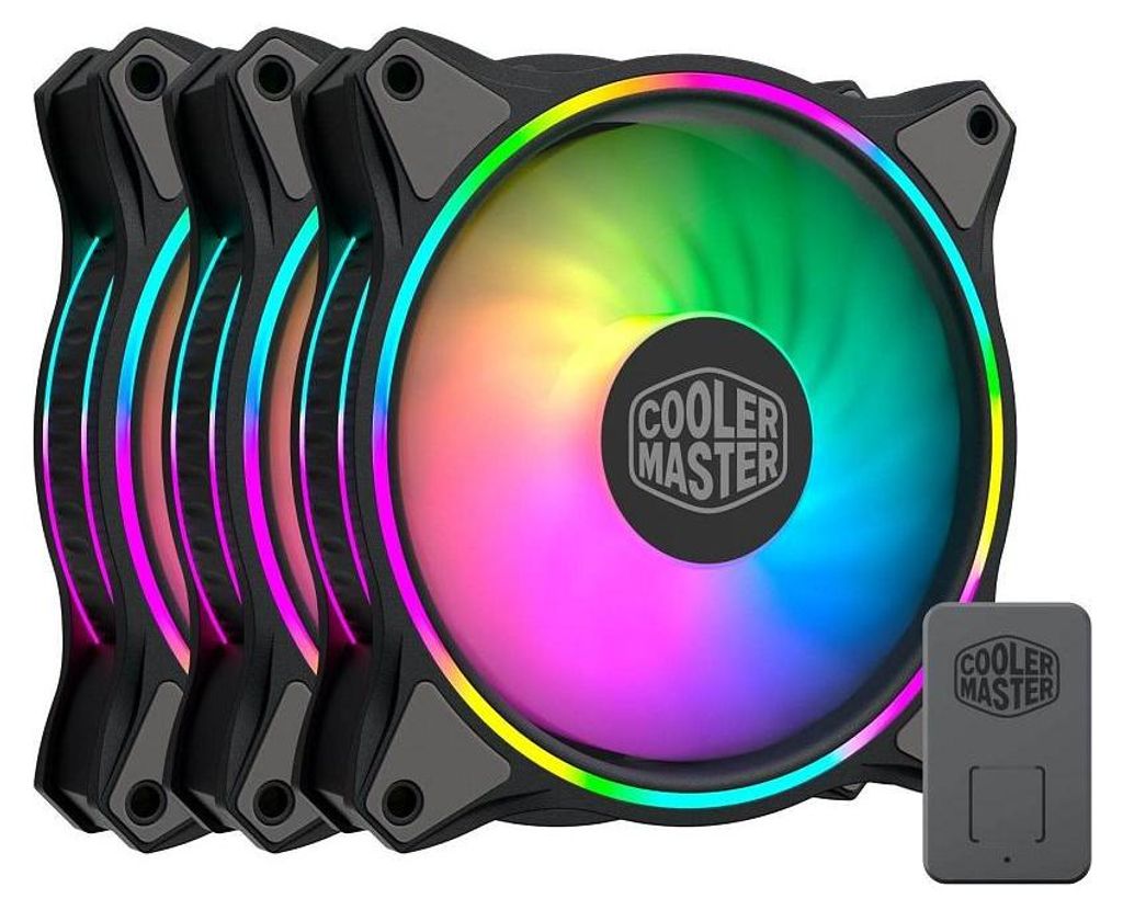 A set of three Cooler Master computer case fans with RGB lighting, along with a small controller.
