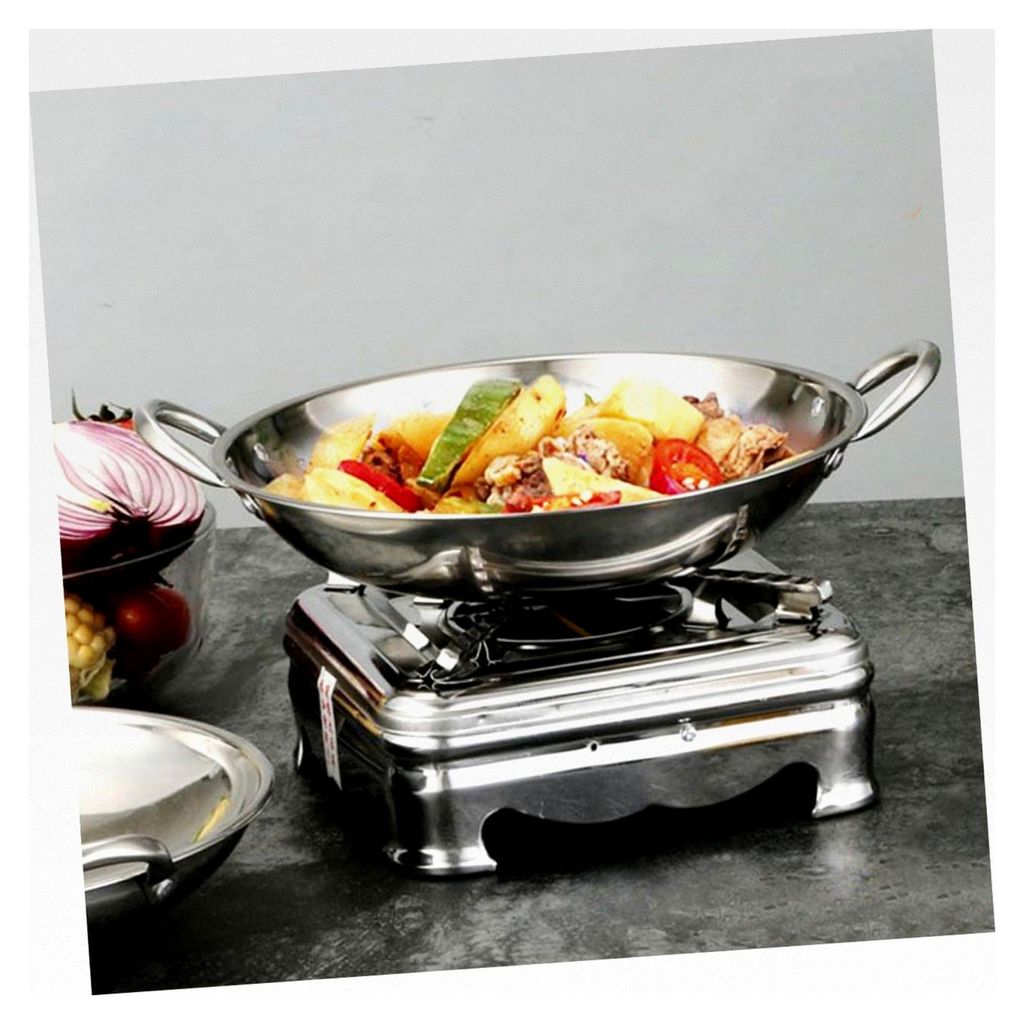 Rundboden Wok aus Edelstahl 28 cm mit zwei Griffen für Spirituskocher, hitzebeständig zum Schmoren und Kochen von Nudeln und Suppen