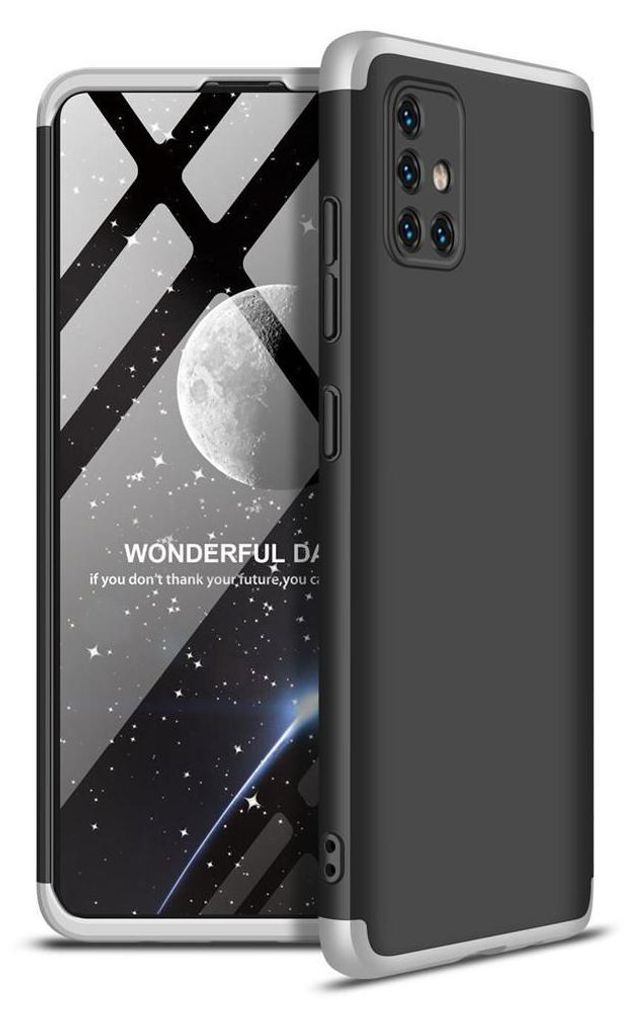 A black and silver phone case is shown, with the phone screen displaying a starry night sky and text.