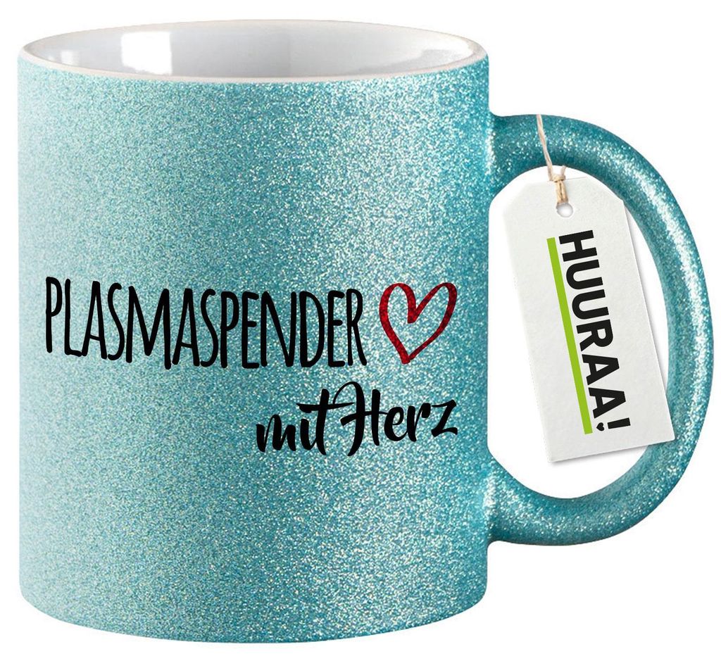 Huuraa Glitzertasse Plasmaspender mit Herz 330ml Blau Keramik Kaffeebecher Geschenkidee