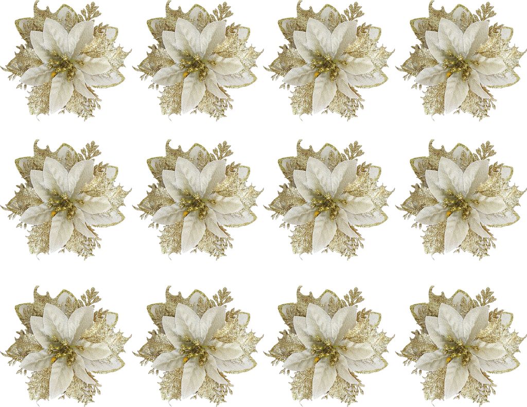 12/24 Stück Weihnachtskünstliche Blumen Glitzerblätter Weihnachtsbaum Kranz Dekoration Gefälschte Blumen Party Foto Requisiten Golden 12 Stück