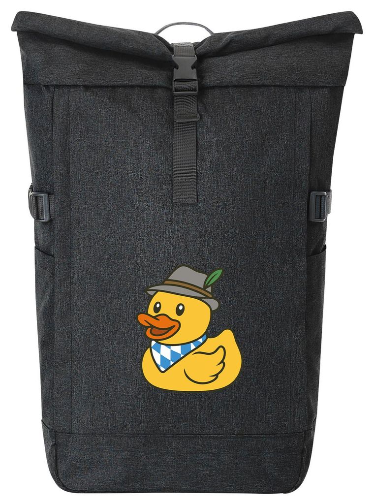 Huuraa Kurierrucksack Quietscheente Bayern Gummiente 30-44 Liter Black Melange Fairtrade Rolltop Rucksack Geschenkidee