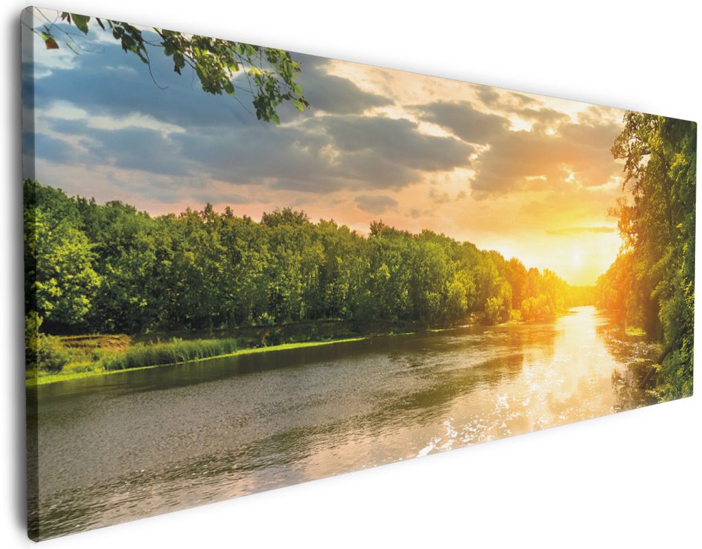 Wallario Premium Leinwandbild Sonnenuntergang am Fluss in grüner Umgebung in Größe 60 x 150 cm
