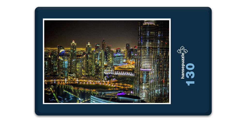 hansepuzzle 18107 - Dubai bei Nacht Puzzle, 130 Teile, Reisen, 28,7 x 20,0cm mit hochwertiger Aufbewahrung, Kartonbox & Beutel