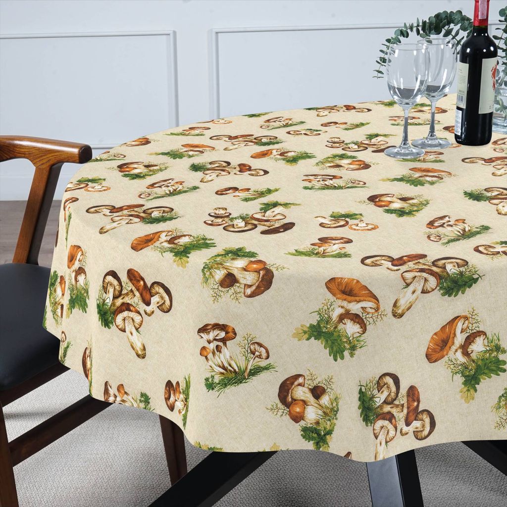 Tischdecke Pilze aus Stoff mit Digitalprint Tischtuch EasyClean ACRYL Beschichtet Tischwäsche Digitaldruck Beige Oval 140x180cm mit Schnittkante