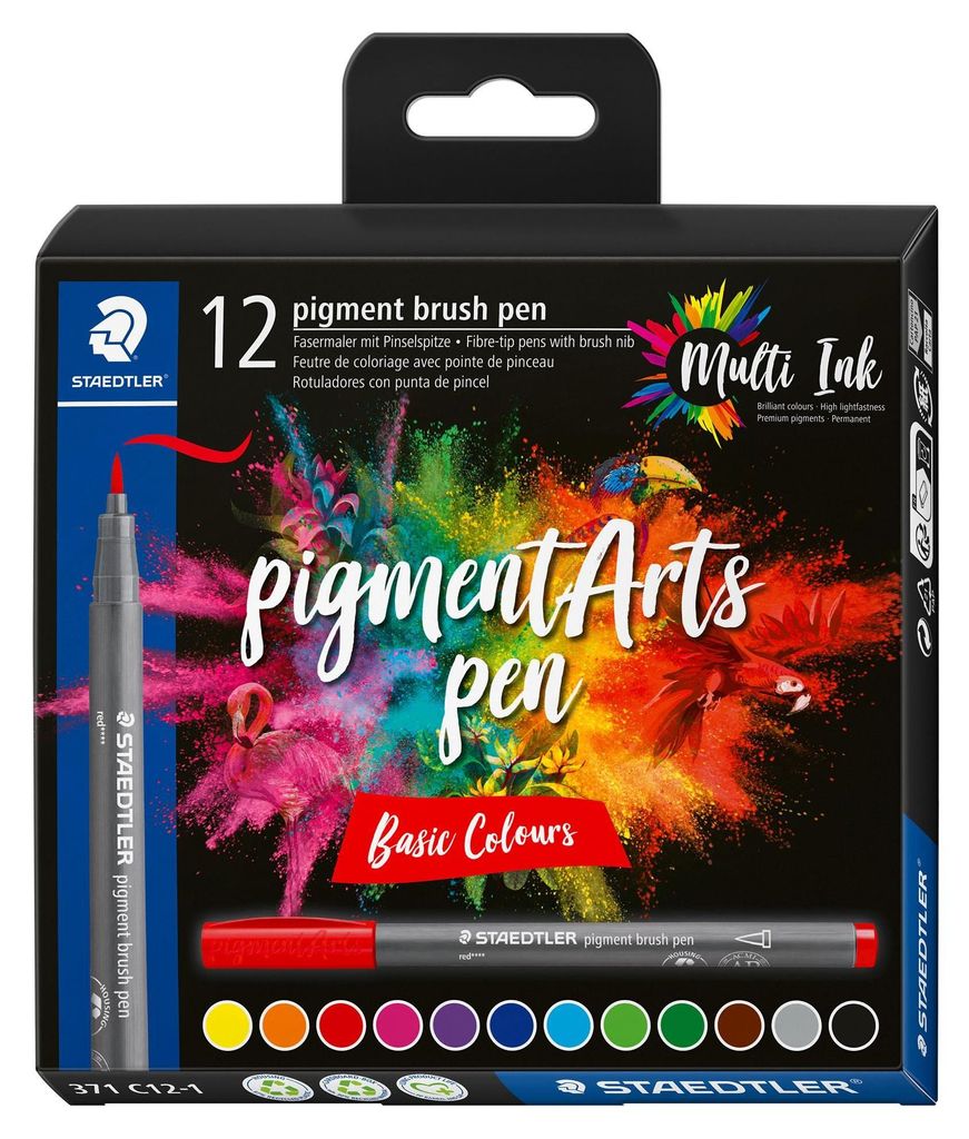 STAEDTLER Fasermaler pigment brush pen "Basic Colours" 12 Stück im Kartonetui