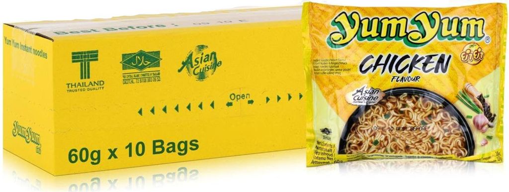 Yum Yum Chicken Instant Noodles – 10 x 60 g | Thailändische Hühnersuppe | Würzige 3-Minuten-Nudeln | Halal |+Heartforcards Versandschutz