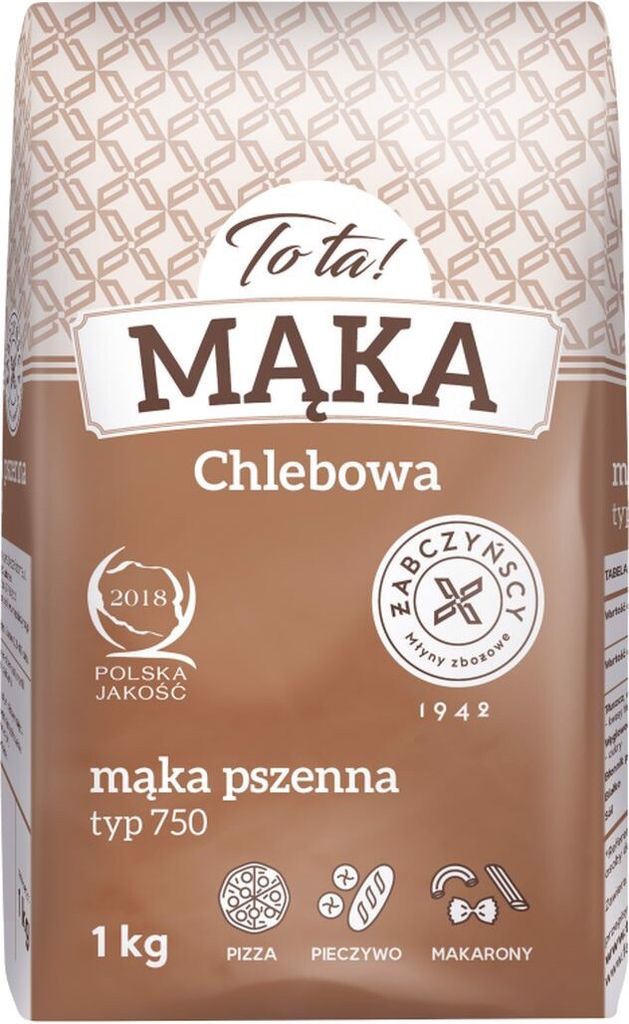 A bag of flour with product information and branding.