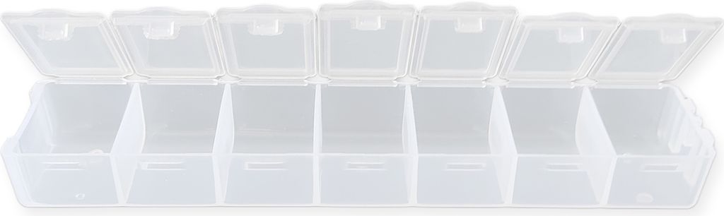 A transparent plastic organizer box with seven compartments, shown with all lids open.