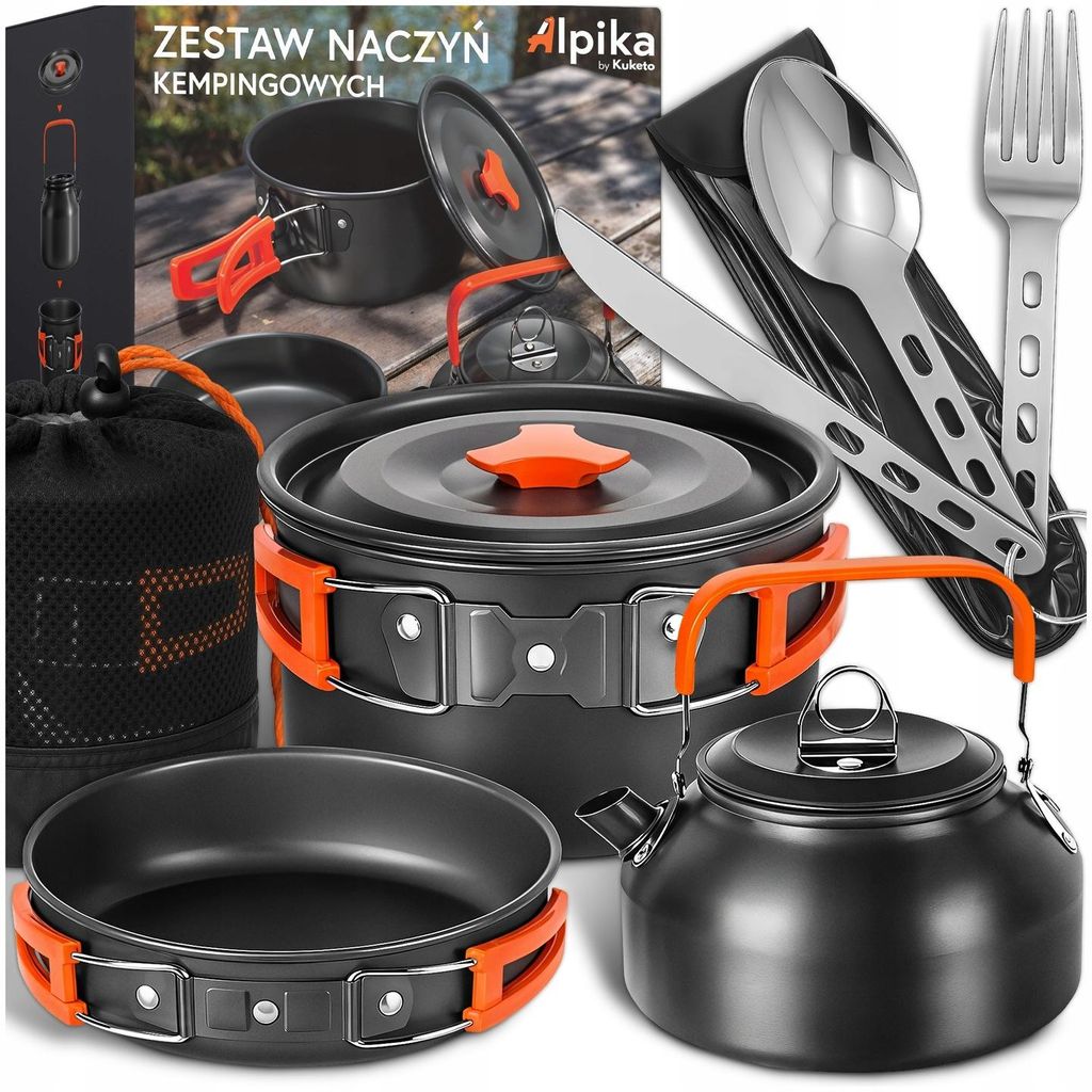 Kuketo | Camping Kochset Mit Topf, Pfanne, Teekessel & Besteck – Outdoor Kochgeschirr Mit Tragetasche – Leicht, Robust & Platzsparend