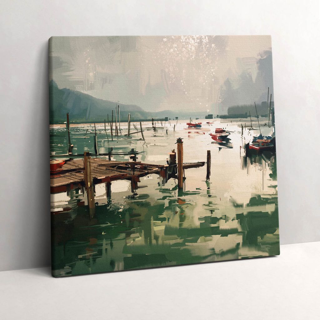 Digital illustration of fishing boats in the harbor – Leinwandbild Wandbild – 60x60 cm – Leinwandbilder – Wandbilder – Schlafzimmer – Flur