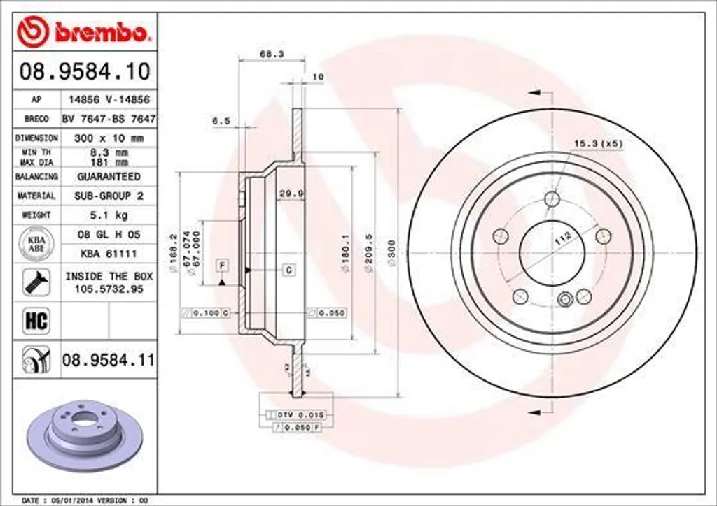Disque de frein Brembo High Carbon 08.9584.11 pour Mercedes 4231012 OE