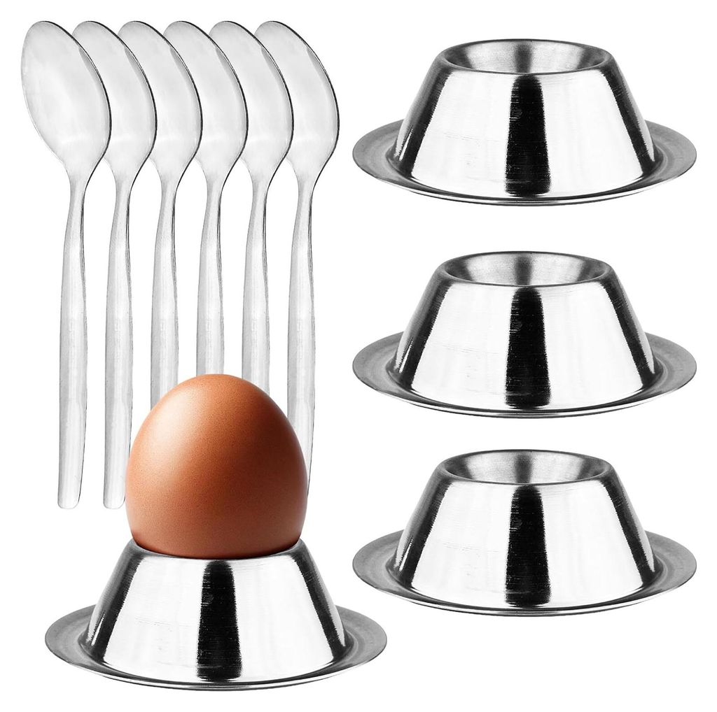 Eierbecher 4er Set + 6 Löffel Edelstahl Eier Becher Metall Produktbild 