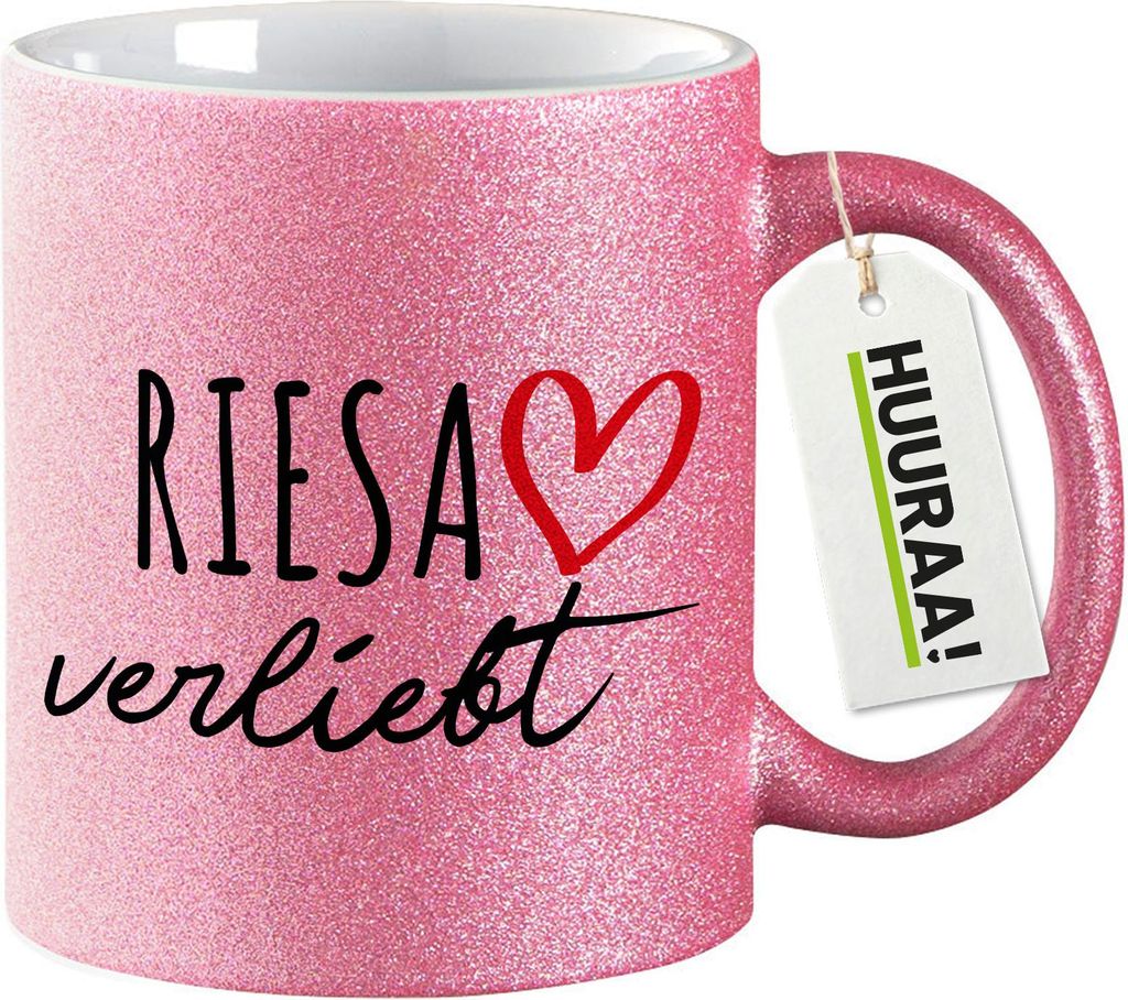 Huuraa Glitzertasse Riesa verliebt 330ml Pink Keramik Kaffeebecher Geschenkidee