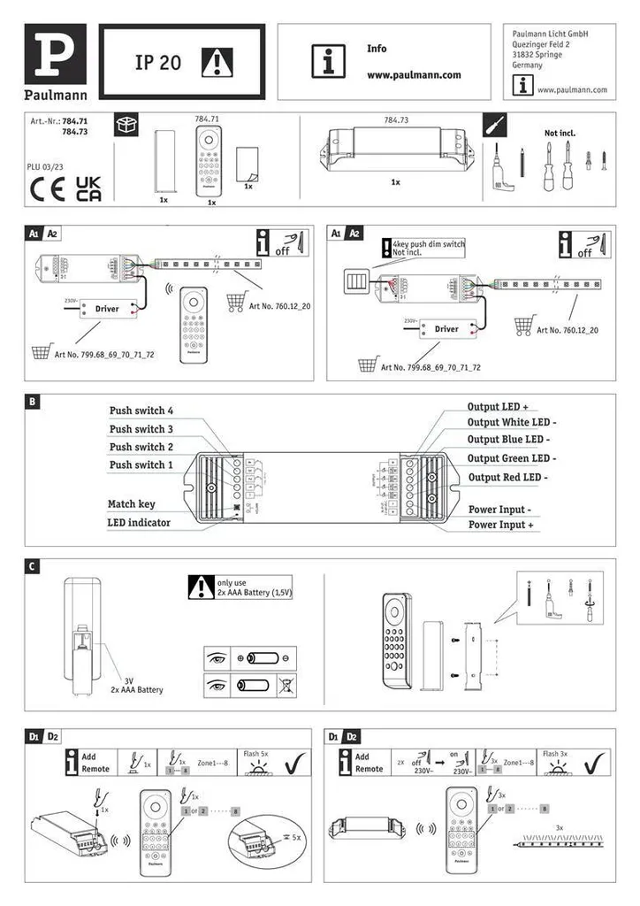 Télécommande Paulmann IP20 Noir Grand Format 535mm en Plastique Robuste - 5