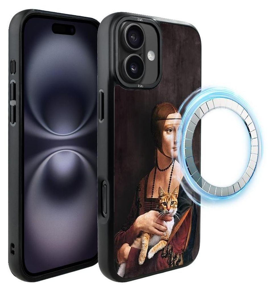 Schutzhülle für das iPhone 16 Plus, MagSafe-kompatibel, mattschwarze Seiten, Katze, Motiv aus einem Gemälde von Leonardo da Vinci